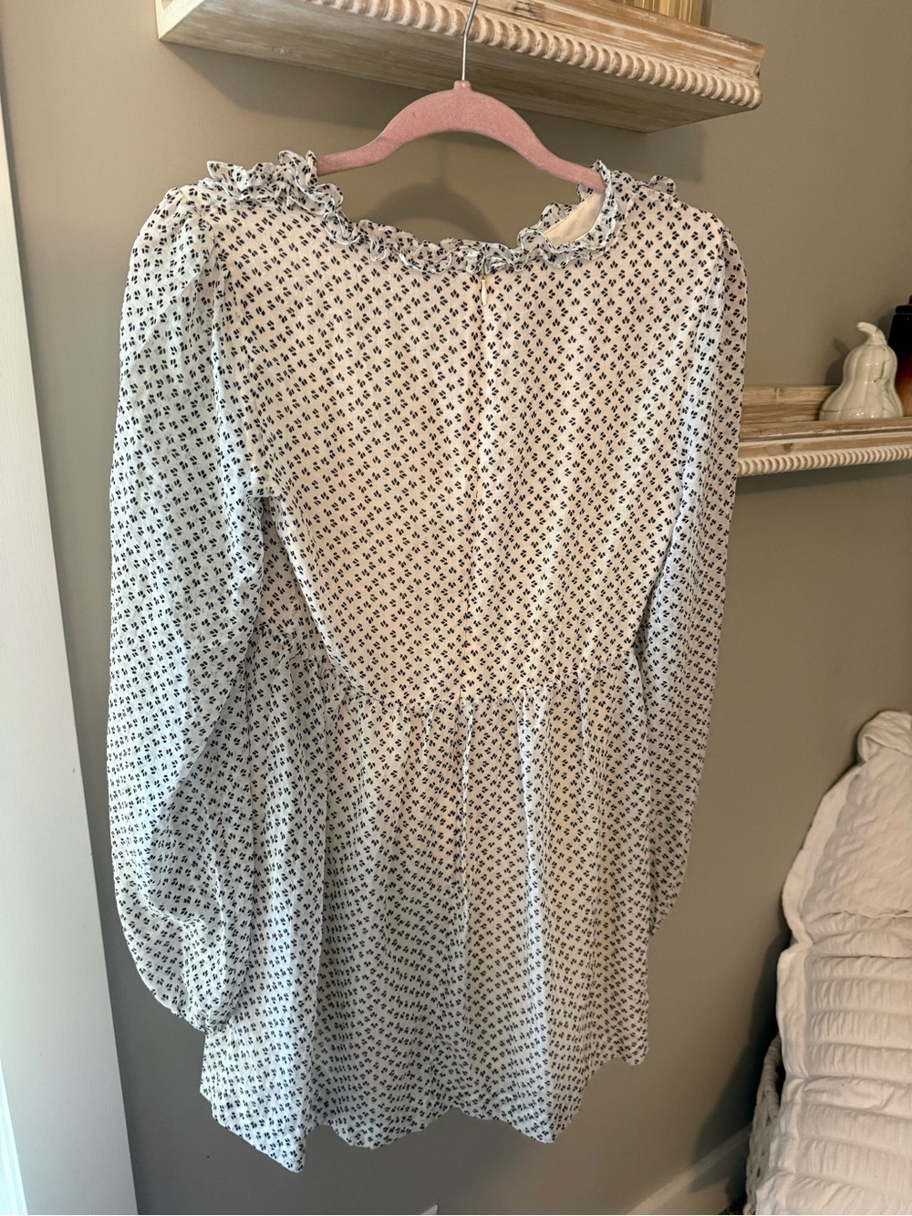 Free People Size 2 Ivory Black Print Ruffle Long Sleeve Boho Mini Dress - Picture 3 of 6